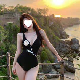 法式高级感立体玫瑰花性感深V显瘦连体泳衣小胸纯欲度假温泉泳装