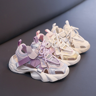 Velcro Sports Shoes for Girls Trendy 2024 Spring & Fall New Breathable Thick-Soled Kidsren's Casual Shoes for Middle and Large Kidsren Mesh