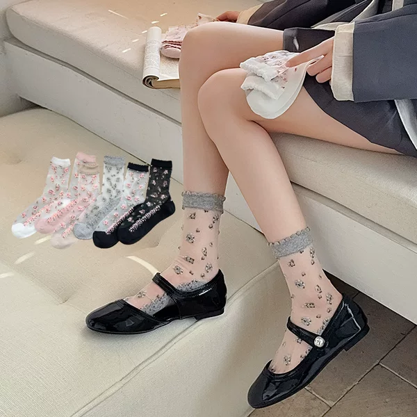 Small Flower Silk Socks Women's Spring and Summer Thin Floral Lace Transparent Mid-Length Socks Cotton Bottom Fresh Crystal Stockings
