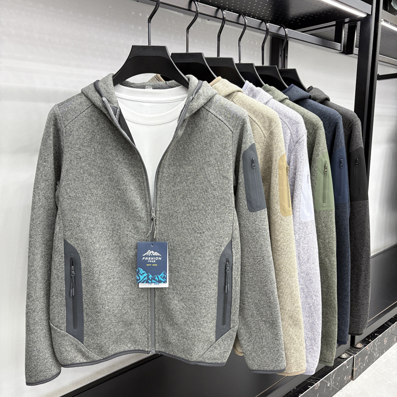 2025 New Warm Hooded Jacket Men's Jacket Autumn and Winter Upgraded Knitted Cardigan Stand Collar Fleece-Lined Windproof Liner