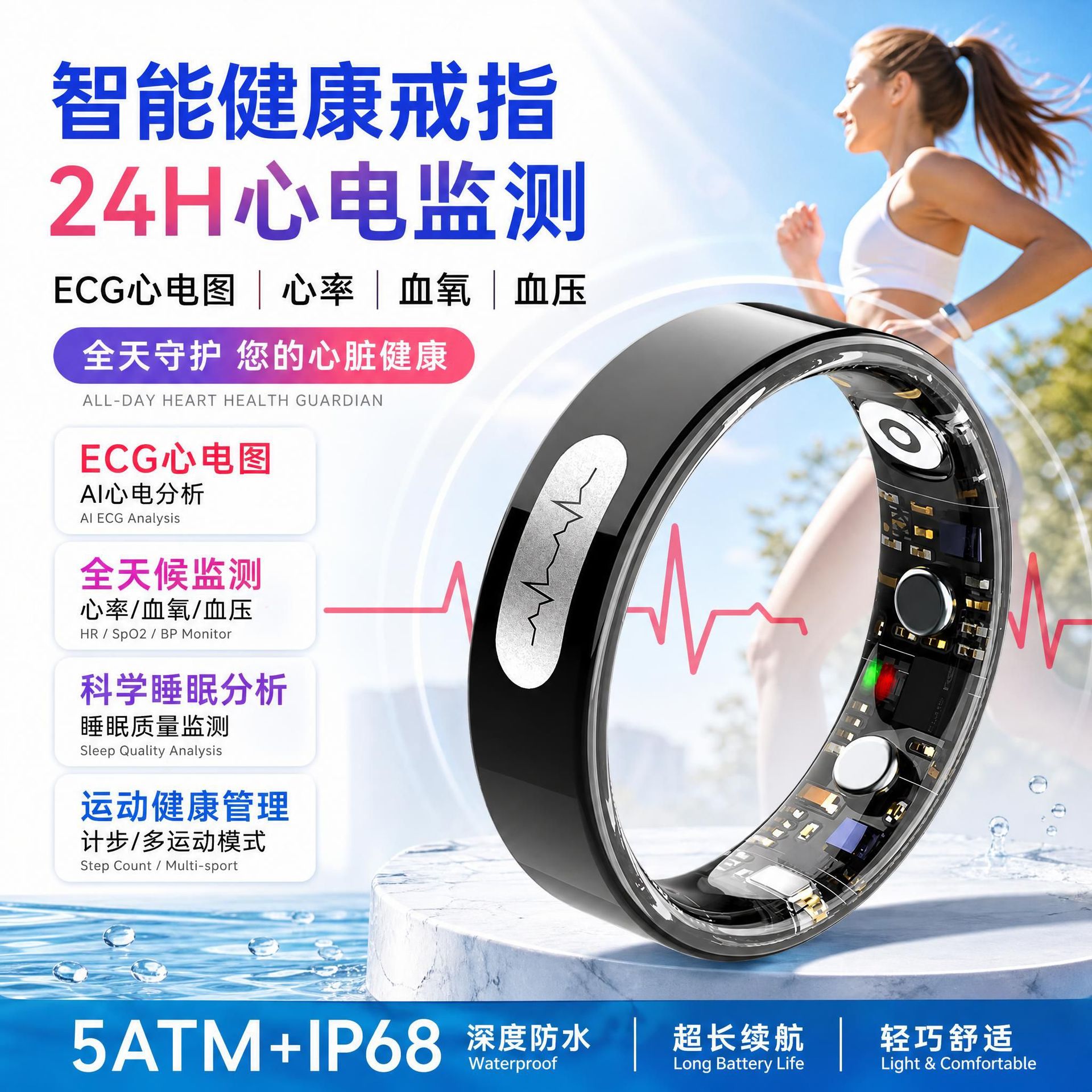 智能戒指（ECG心电图  心率监测 血氧监测 血压监测 计步 运动 远