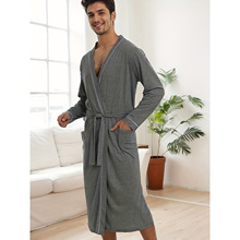 2026SS一件套男士柔软春夏薄款单面布长袖长裤撞色唧边睡袍浴袍家