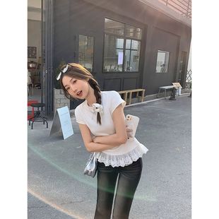 Pure Desire Lace Hem Crewneck Short-sleeved T-shirt Women's Spring and Summer Ballet Chanel Style Inner Stacked Elegant Top