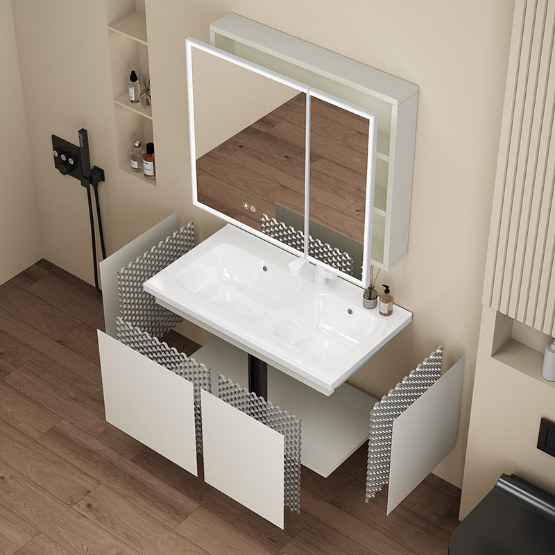 gabinete de baño de acero inoxidable con aire crema en una bañera cerámica doble bañera lavabo de mano lavabo de cara lavabo de baño combinación de baño