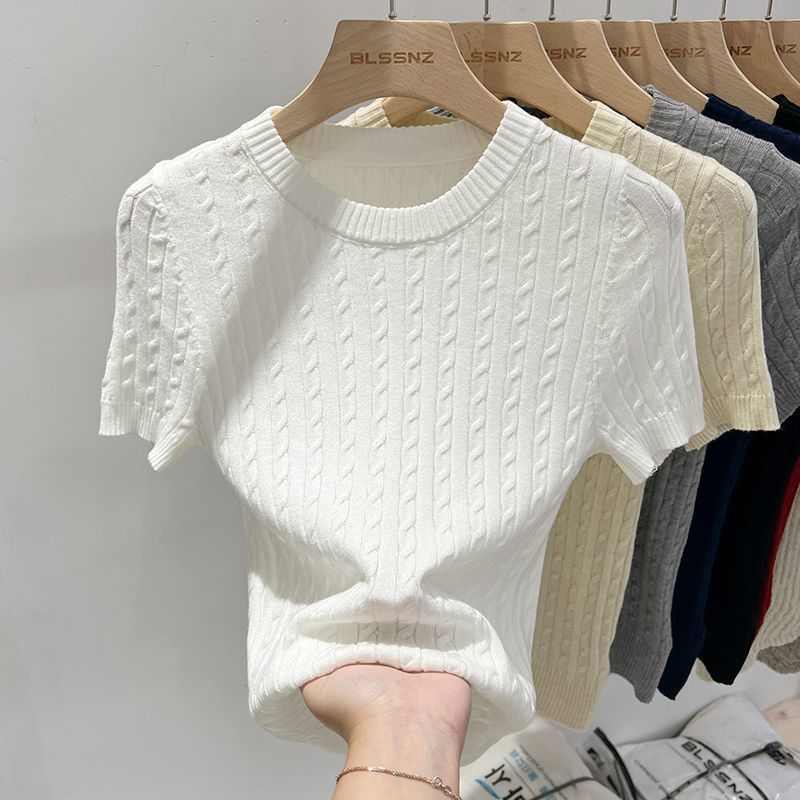柔らかくワックスのようなラウンドネックロイヤルブルー半袖セーター女性用2025春夏韓国風ファッショナブルな気質スリムフィットトップトレンディ|undefined