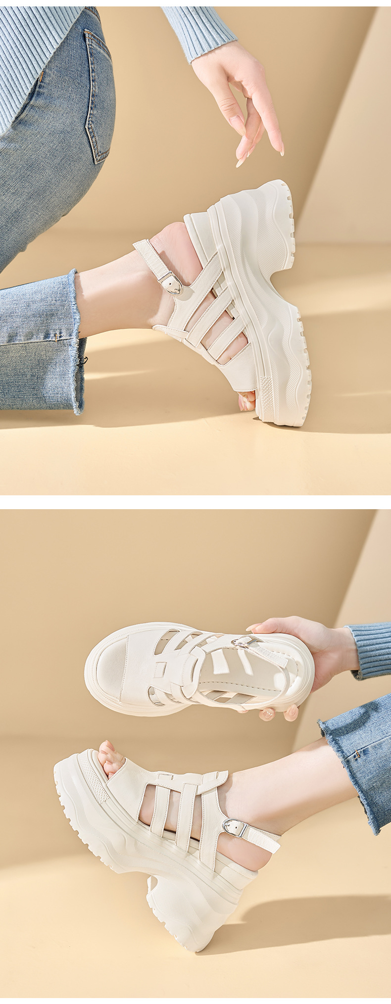 Sandal cao gót nữ da thật mũi hở gót platform 12cm — màu đen, màu trắng ngà chi tiết 6