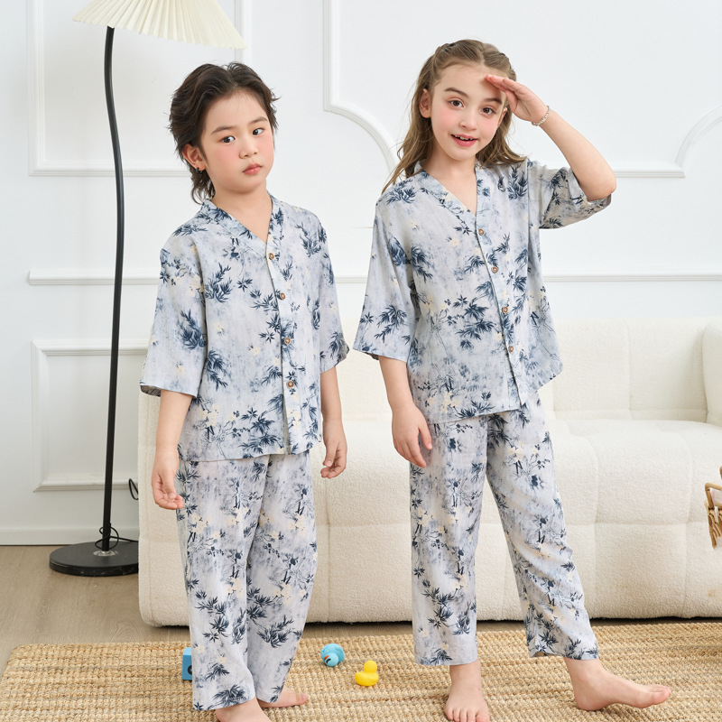 Summer New Children's Home Wear Cotton Pajamas with Mid-Sleeve Long Pants, Boys' and Girls' Thin Set for Babies, Suitable for Air-Conditioned Rooms