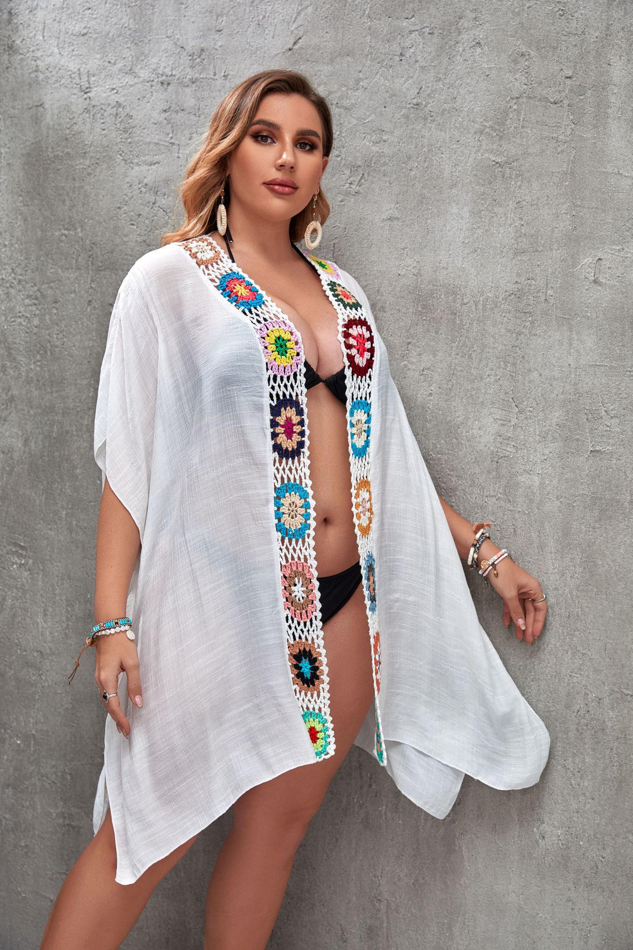 158g Weight Sunscreen Shirt Outerwear Type Half Sleeve Sleeve Length Polyester Fabric Type Long Top Length V Neck Neckline Solid Color Pattern Summer Season Women's Gender Beach Style Women's Solid Color Beach Cover Ups 7