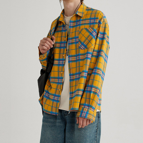 American Retro Yellow Gingham Shirt for Men Spring and Autumn Long-Sleeve Blouse Loose Casual Top Design Sense Jacket