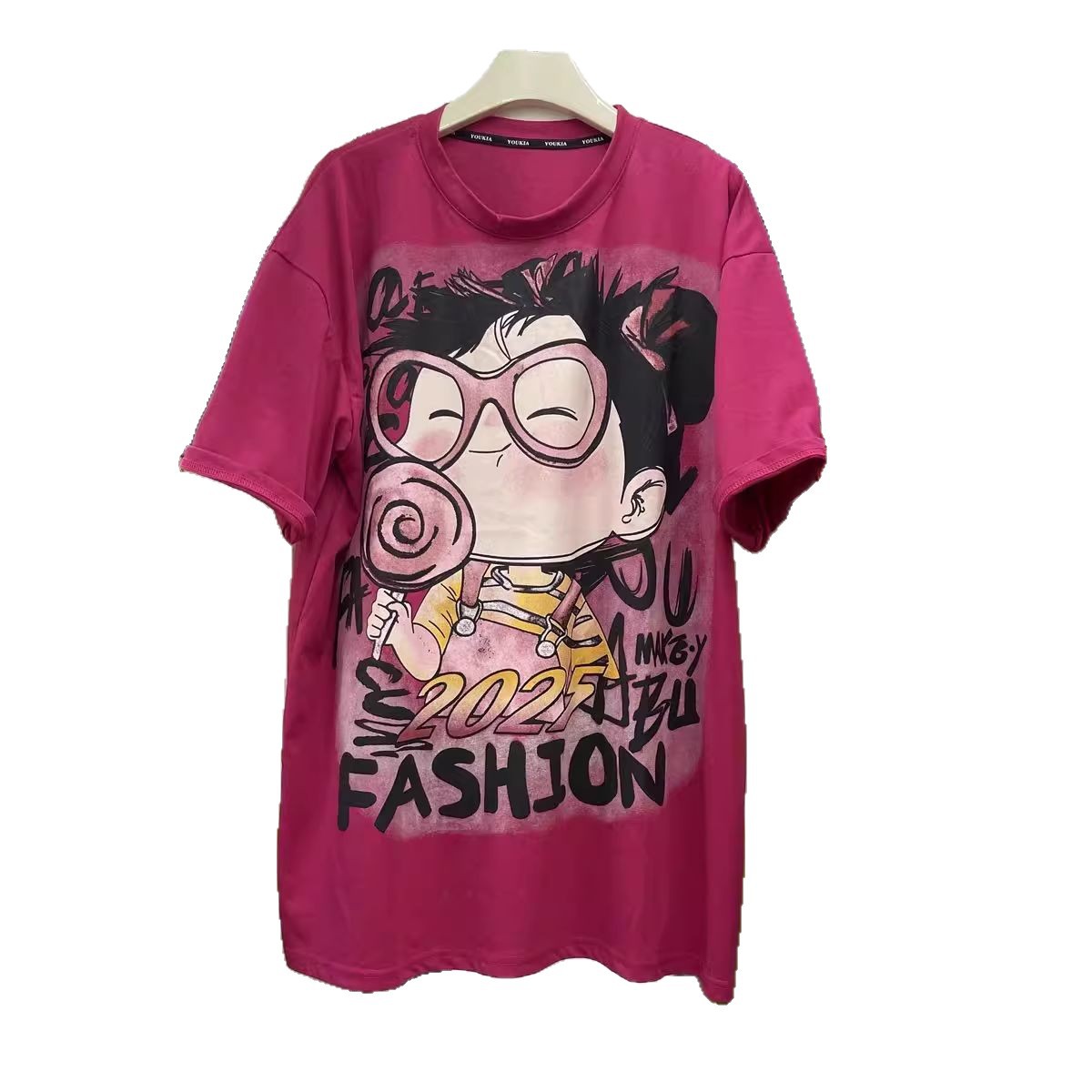 Camiseta de manga corta con cuello redondo y estampado de dibujos animados de algodón europeo, pareja de hombres y mujeres de viaje suelto, top de barriga de estilo caliente de verano