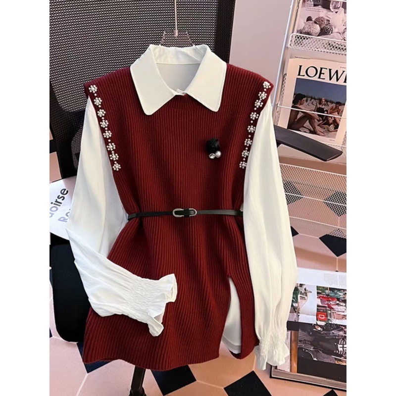 2025春秋新款设计感气质显瘦大码女装毛衣女马甲衬衫上衣两件套女|undefined