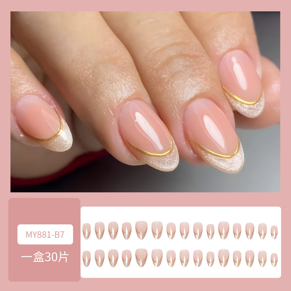 Gato Eye Wear, uñas cortas, parche simple para uñas con brillo de Phnom Penh, 30 piezas, manicura francesa en caja en forma de almendra