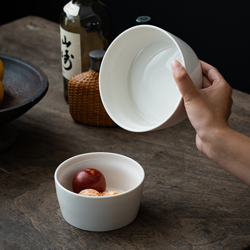 [Off-White] Dehua White Porcelain Cylindrical Deep Bowl with Inner Pattern Ceramic Rice Bowl Fruit Salad Bowl Breakfast Yogurt Bowl