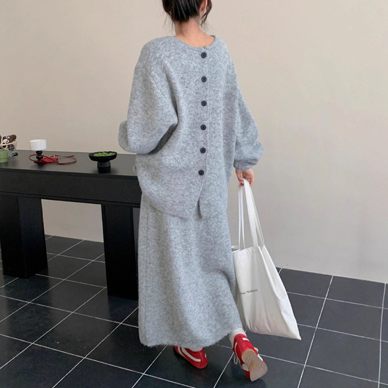 针织套装女秋冬新款正反两穿单排扣毛衣开衫半身长裙休闲两件套女|undefined