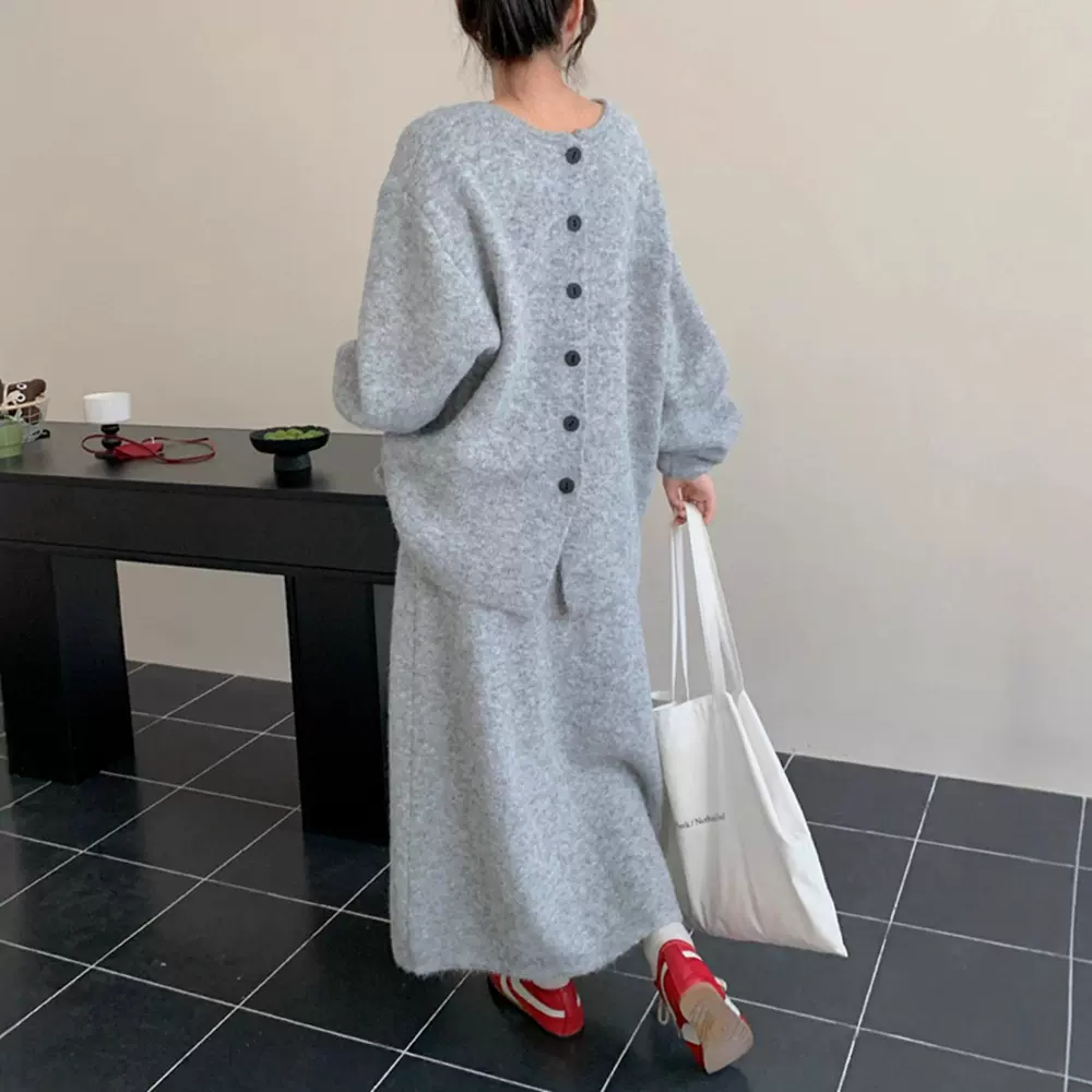 针织套装女秋冬新款正反两穿单排扣毛衣开衫半身长裙休闲两件套女