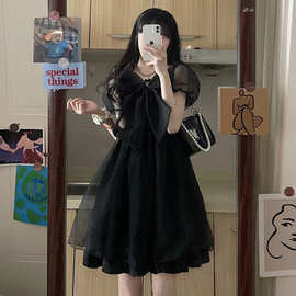 黑色连衣裙夏季2024新款女洛丽塔法式复古泡泡袖网纱赫本风小黑裙