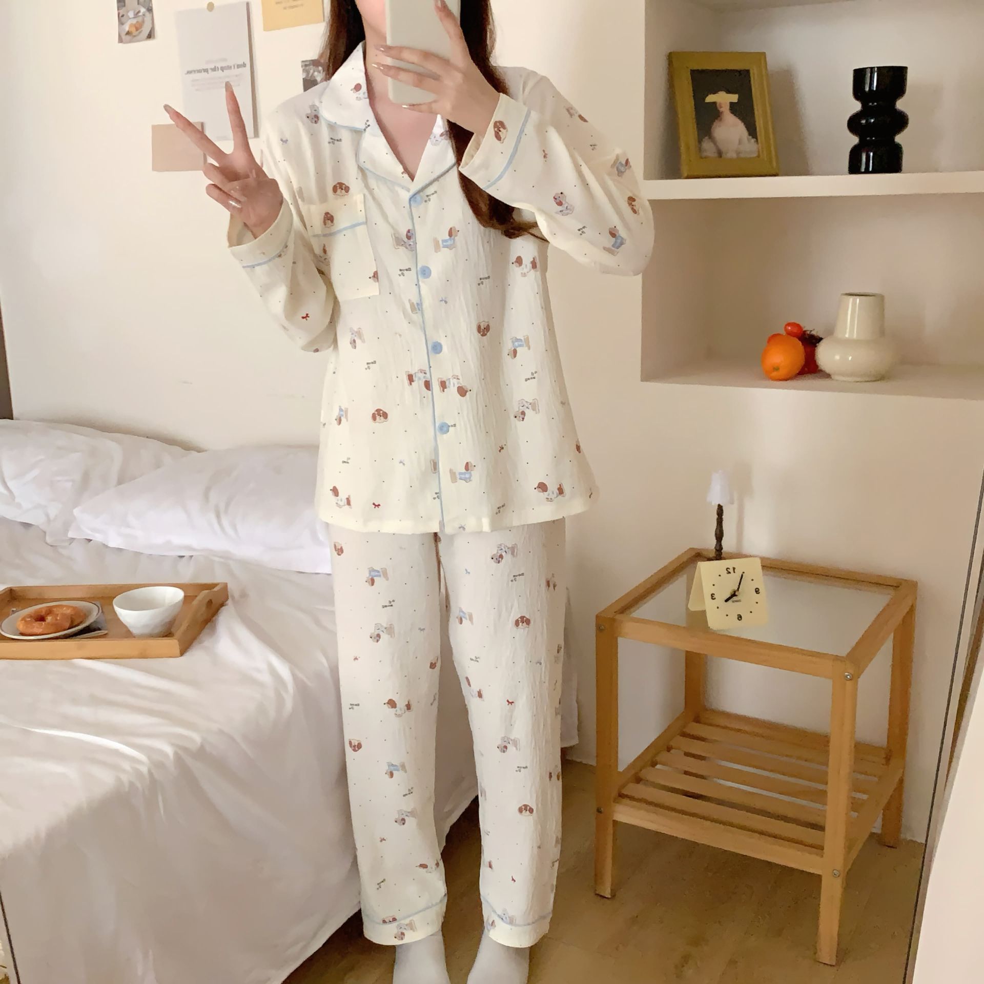Al por mayor transfronterizo nuevo pijama de mujer pantalones de manga larga nubes de algodón lindos dibujos animados estudiantes cardigan con solapa cubierta de ropa para el hogar