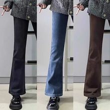 加绒微喇牛仔裤女秋冬新款大码胖mm遮胯显瘦高腰弹力喇叭裤小个子