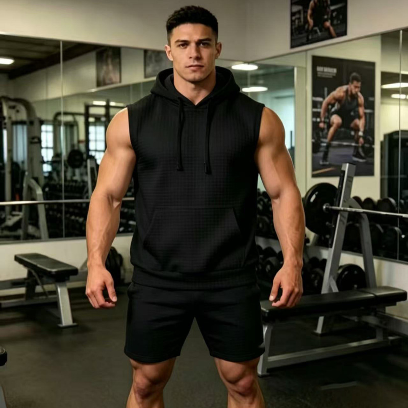 Cross-Border Foreign Trade Temu Sleeveless Waffle Top Men's Vest Casual Hooded Sweatshirt T-Shirt Hip-Hop Sweatshirt