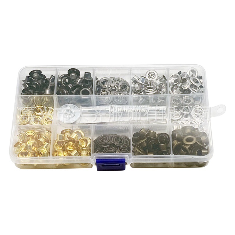 Latón transfronterizo 120 juegos de agujeros de aire en caja 4 colores + herramientas de instalación hebilla de zapato reparación exterior 12 diámetro interior 6mm callos