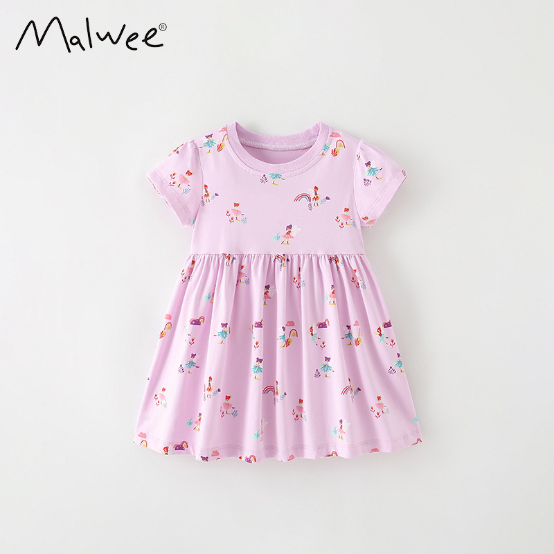 Falda de niña malwee verano nuevo estilo europeo y americano niños pequeños y medianos cuello redondo manga corta estilo occidental vestido de princesa casual