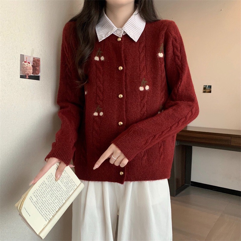 New Autumn/Winter Women's Faux Two-Piece Shirt Collar Sweater Coat, College Style Soft Cherry Embroidery Knit Cardigan Top New Autumn/Winter Women's Faux Two-Piece Shirt Collar Sweater Coat, College Style Soft Cherry Embroidery Knit Cardigan Top