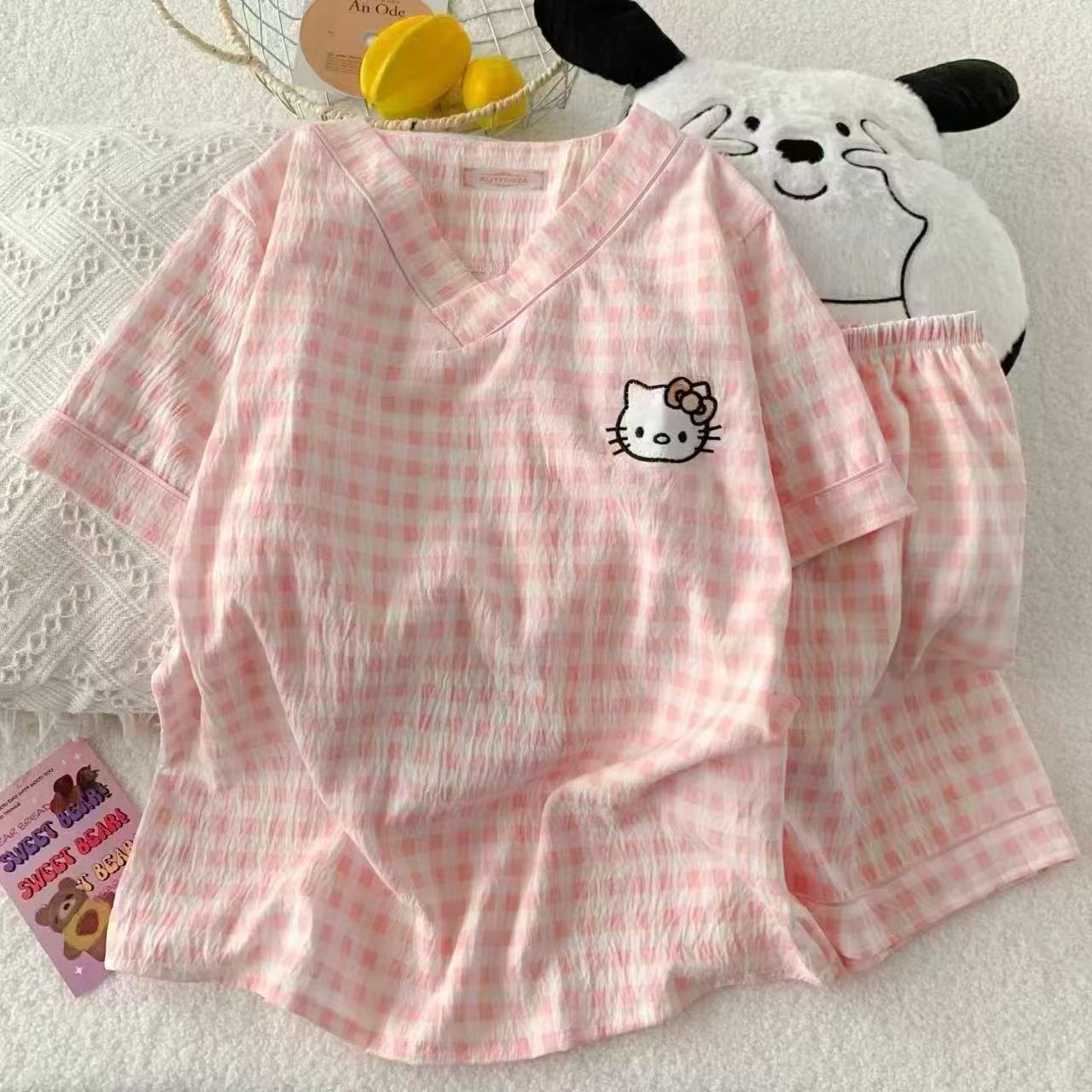 Al por mayor transfronterizo de Vietnam nubes de algodón de manga corta pantalones cortos pijamas de niñas de cuello en V chaqueta de dibujos animados set de ropa para el hogar