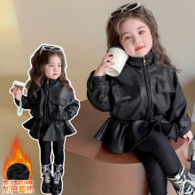 韩版收腰皮衣外套秋冬季2025新款时髦女小童中长款加绒荷叶边风衣