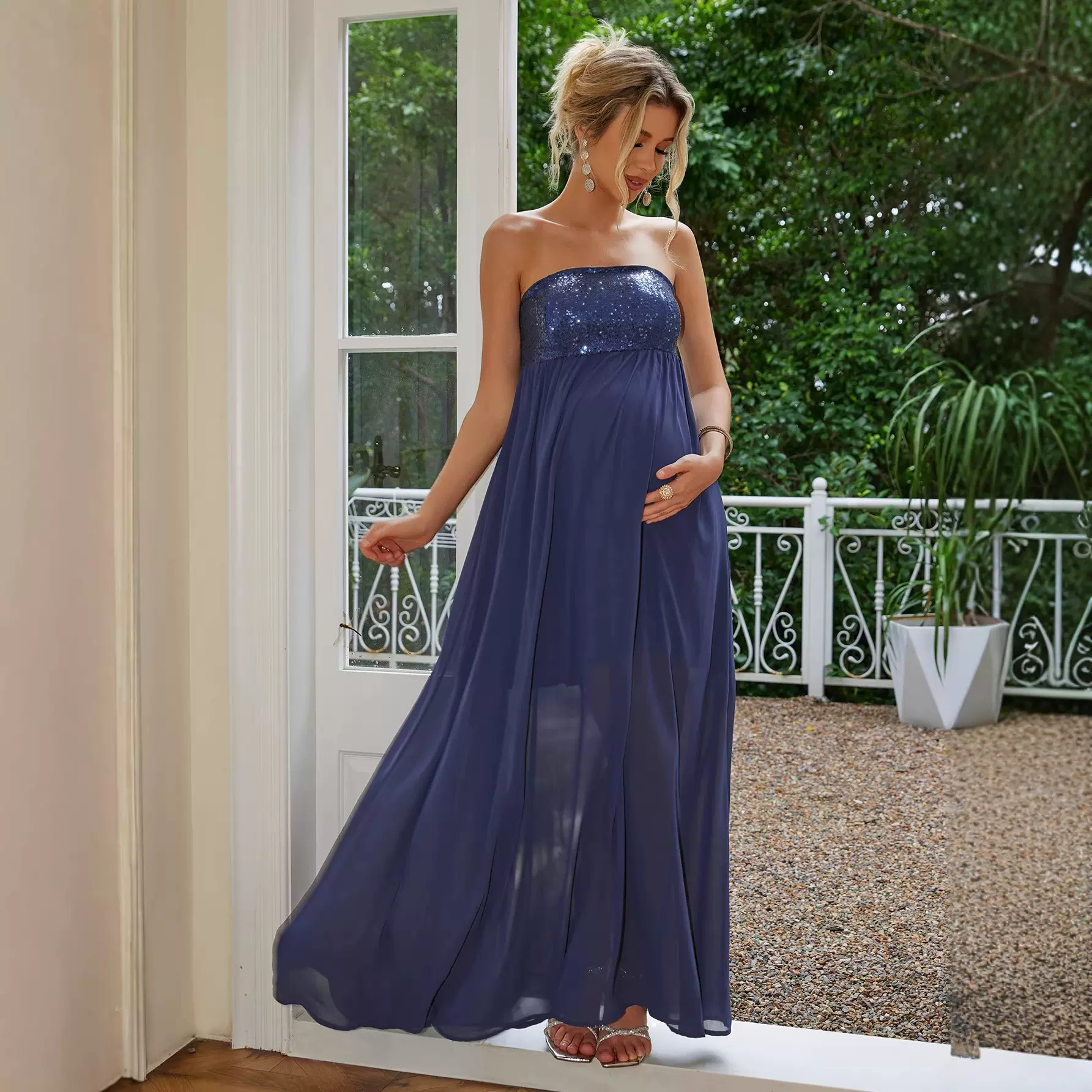 欧美跨境亮片补丁纯色优雅无肩带孕妇装正式晚礼服