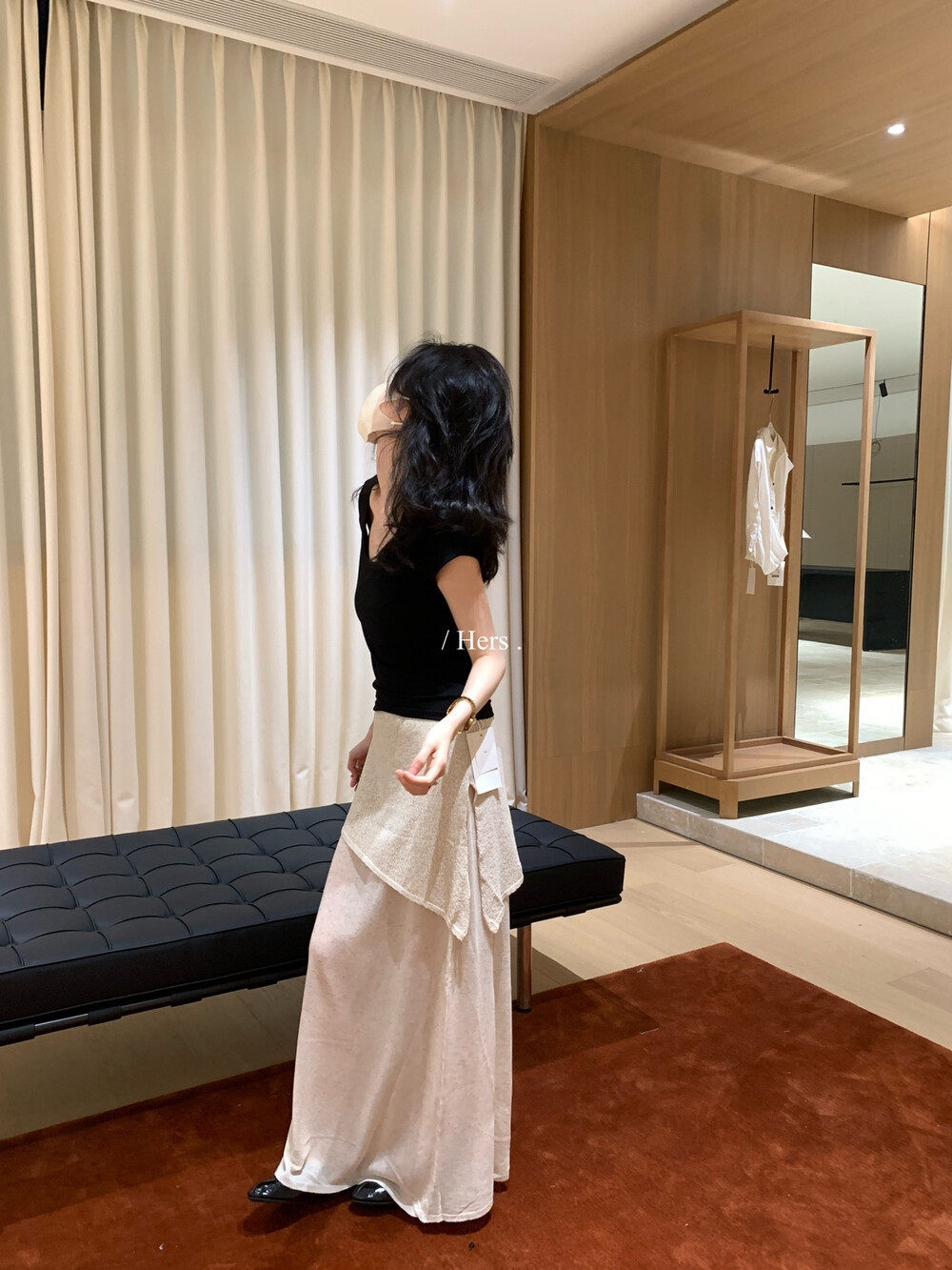 Chân váy chữ A nữ cạp cao phối ren lưới xuyên thấu dáng dài bất đối xứng — Xám cacbon, yến mạch chi tiết 12