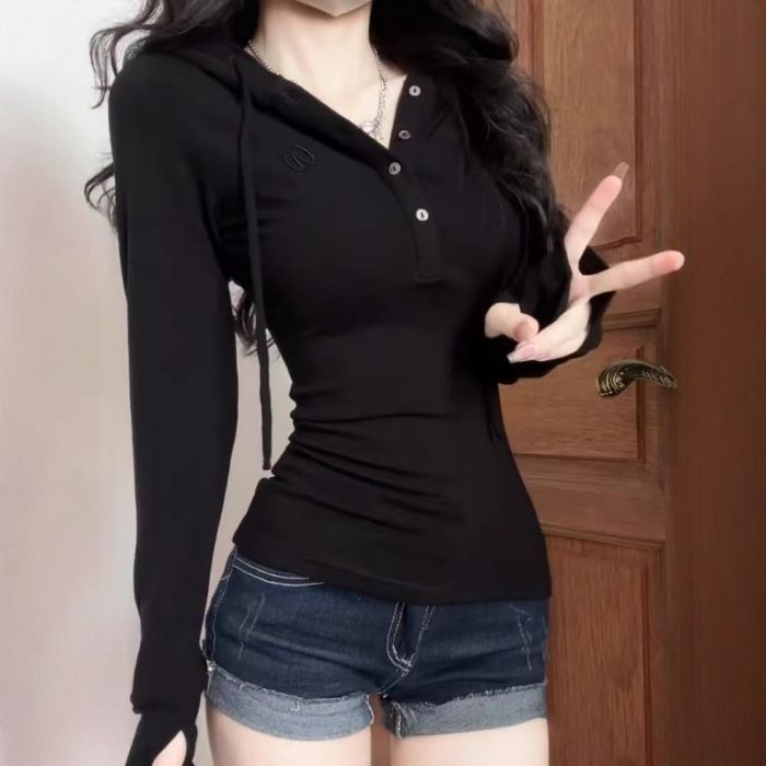 美式辣妹半开V领纽扣连帽长袖t恤女秋季白色修身显瘦短款上衣ins|undefined