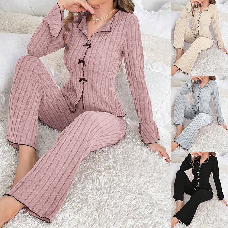 Cross-Border European and American Autumn and Winter Pajamas for Women, Fleece Lapel with Bow, Fashionable and Sexy Long-Sleeved Long Pants Home Wear Set for Women