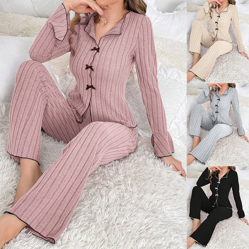 Cross-Border European and American Autumn and Winter Pajamas for Women, Fleece Lapel with Bow, Fashionable and Sexy Long-Sleeved Long Pants Home Wear Set for Women