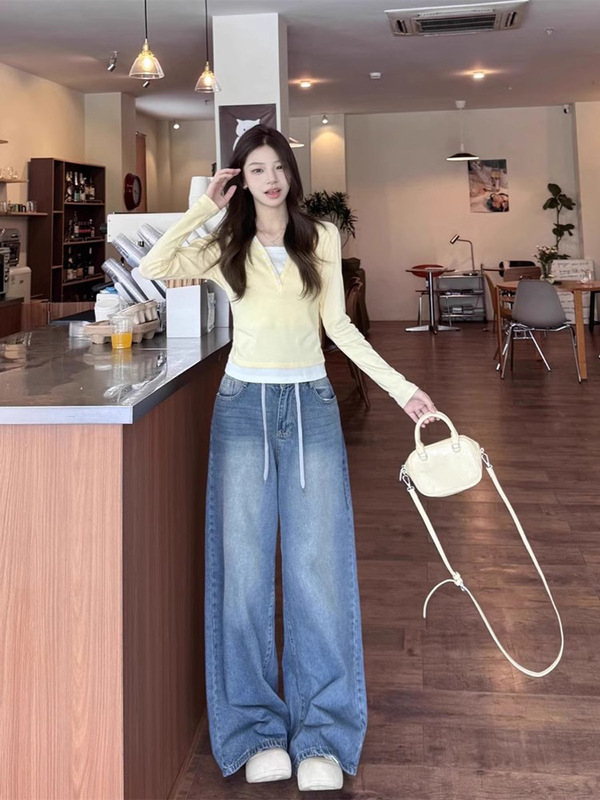早秋奶黄色假两件长袖T恤女2025新款修身正肩短款设计打底衫上衣|undefined