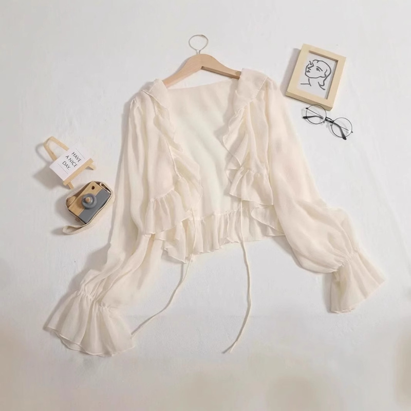 2024 Summer New Fairy Ruffled Knitted Cardigan Lace-up Trumpet Sleeve Translucent Sun Protection Long Sleeve Women 2024 Summer New Fairy Ruffled Knitted Cardigan Lace-up Trumpet Sleeve Translucent Sun Protection Long Sleeve Women