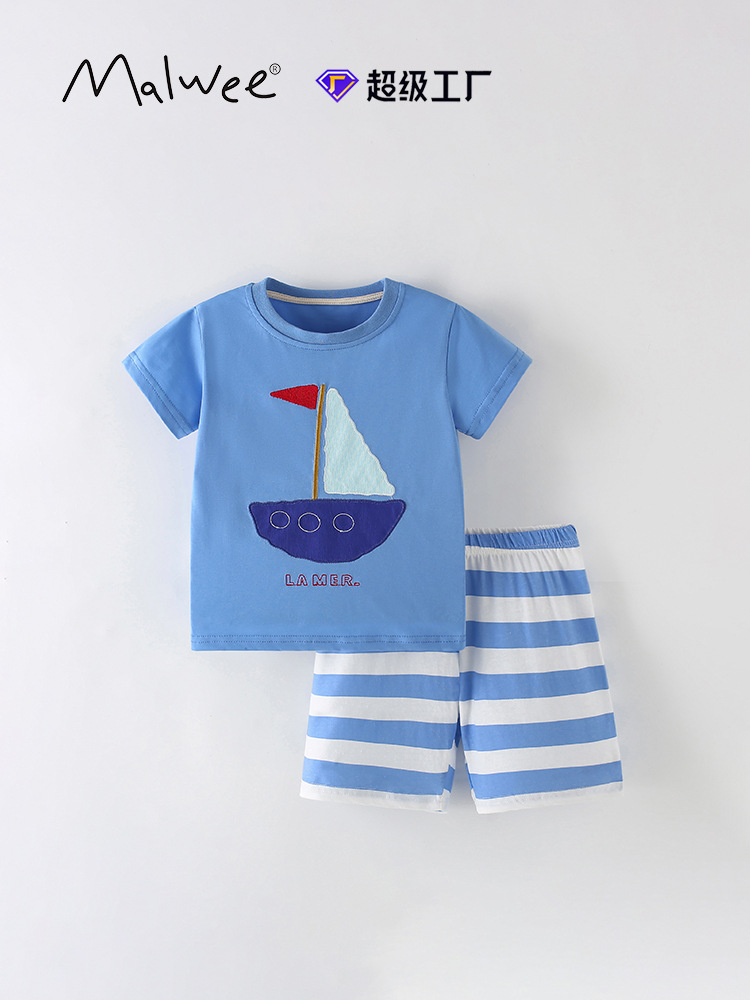 Malwee traje para niños verano nueva camiseta Europa y América ropa de hogar para niños pequeños y medianos pantalones cortos a rayas de dos piezas
