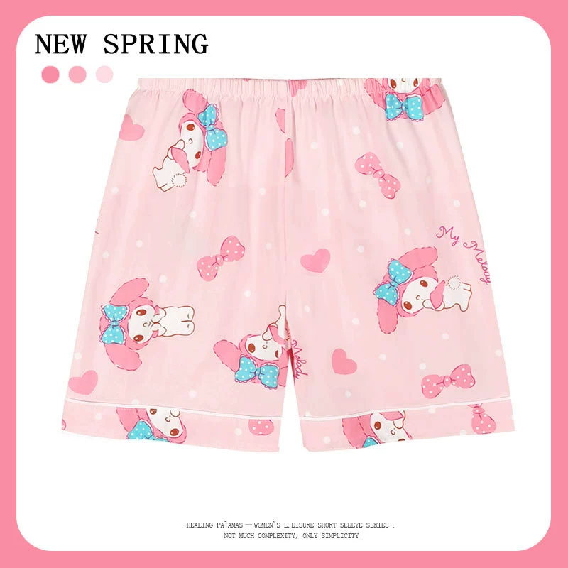 Летний пижамный комплект, корейский стиль, мультяшный кардиган и шорты, искусственный хлопок, размеры M–XXL
