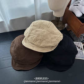 日系复古毛边拼接蓓蕾帽春夏短檐遮阳帽子单边褶皱纯色百搭报童帽