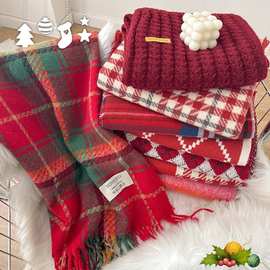 2024新款圣诞红围巾女冬圣诞搭配保暖针织披肩软糯氛围感围脖批发