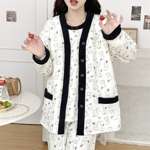 Pajamas women's autumn and winter air cotton interlayer sweet extra large size fat MM300 kg home clothing suit 30002-66