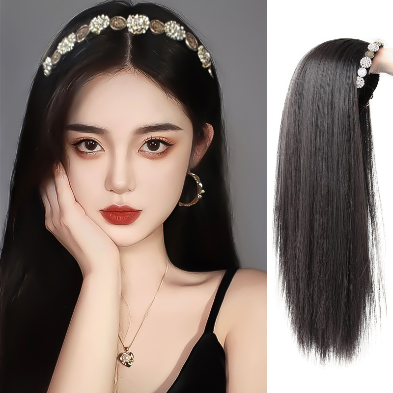 Wig women's vintage rhinestone headband one-piece U-shaped half head cover one-piece long straight hair half head cover factory wholesale