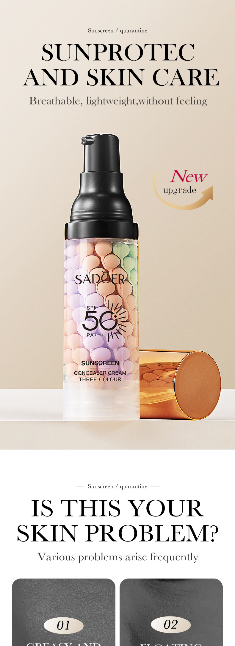 Cross-border foreign trade SADOER three-color sun protection cream uniform skin color before makeup base isolation protective cream