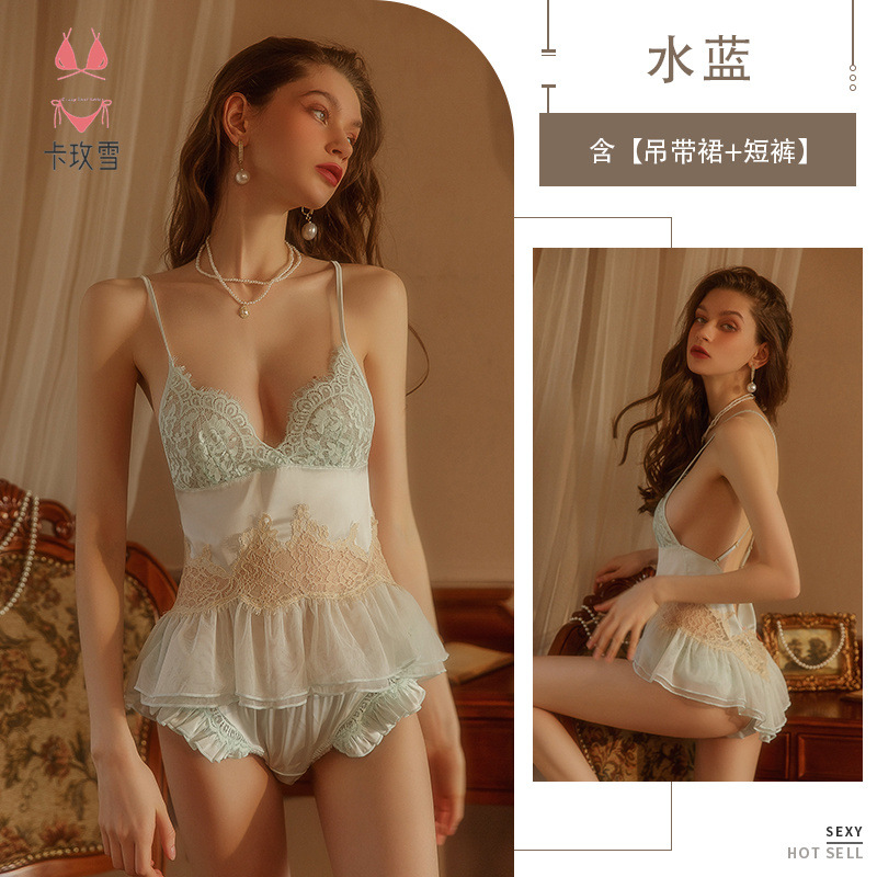 Lencería sexy pijamas de las mujeres de dos piezas pantalones cortos Correa camisón encaje sin espalda traje de verano casa 1525