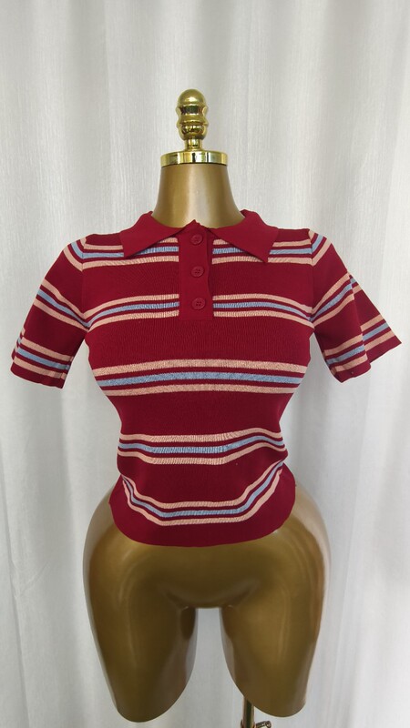 Spring and summer new thin sweater short-sleeve POLO collar women's pullover T-shirt with contrasting stripe design trendy top
