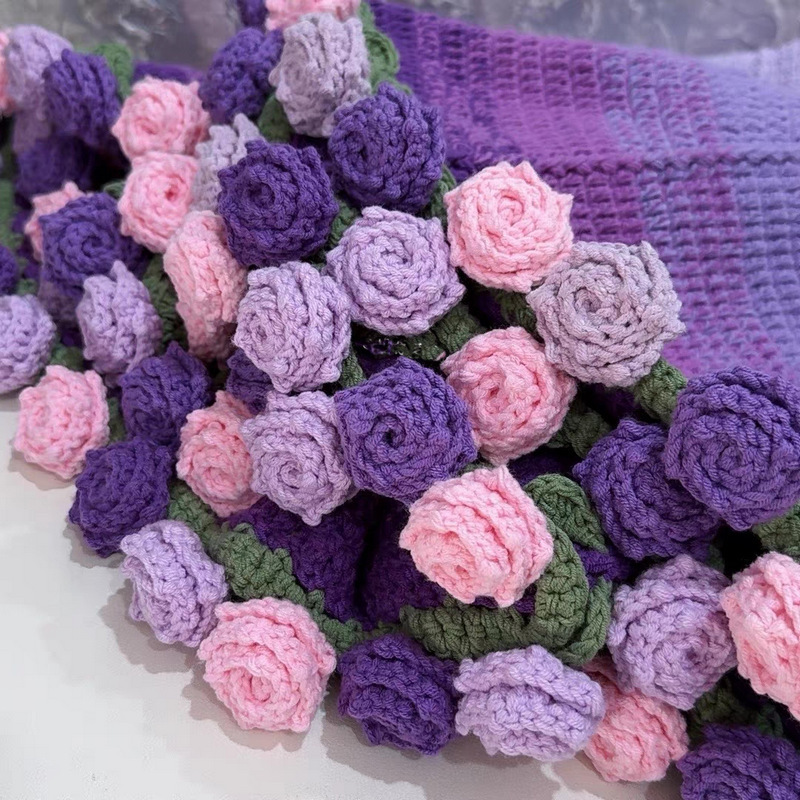 渐变紫尖角玫瑰花束毯子成品永生花午睡花毯手工编织装饰毯子|undefined