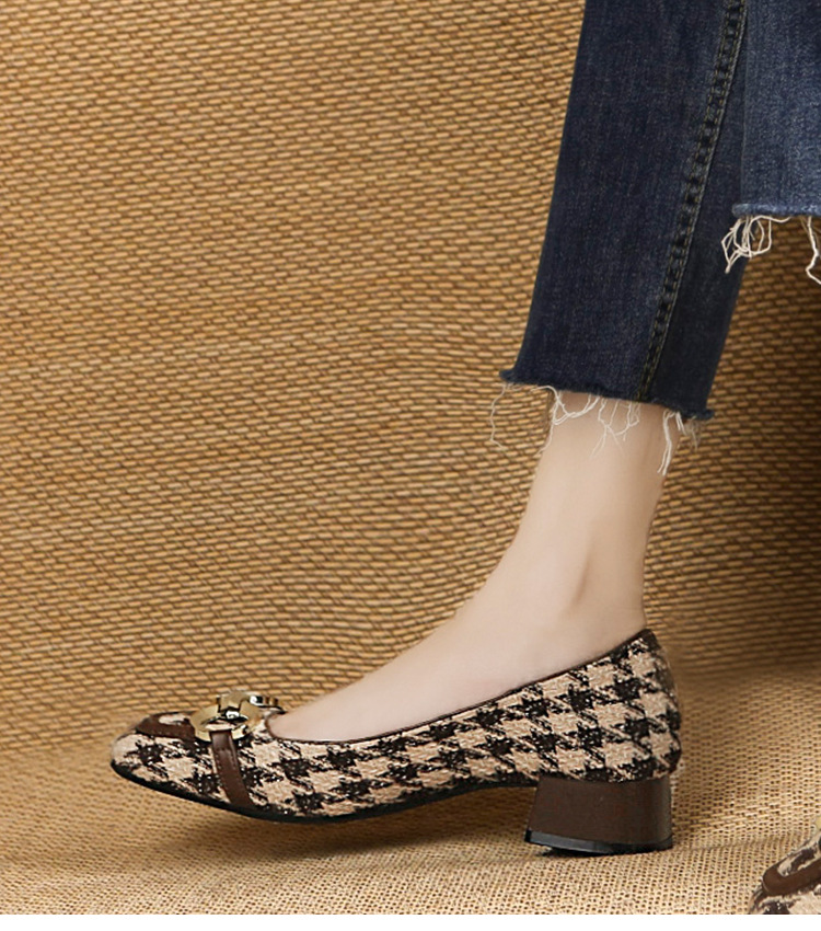 Houndstooth Square Toe Casual Single Shoes Women Summer New Metal Chain Low Heel Shallow Mouth S Soft Bottom Slip On_voghion.com