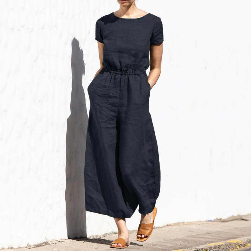 Cotton And Linen Jumpsuit Women Solid Color Sleeveless Pocket High Waist Wide Legs Jumpsuits Casual Commuting Ladies Bodysuits_voghion.com