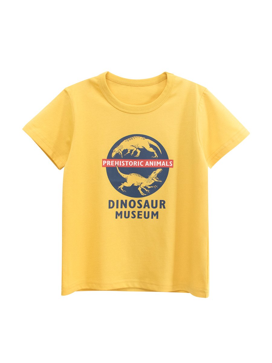 27kids Ropa para niños europeos y americanos Camiseta de manga corta con cuello redondo para niños Nueva ropa de bebé de dinosaurio para niños Suministro transfronterizo