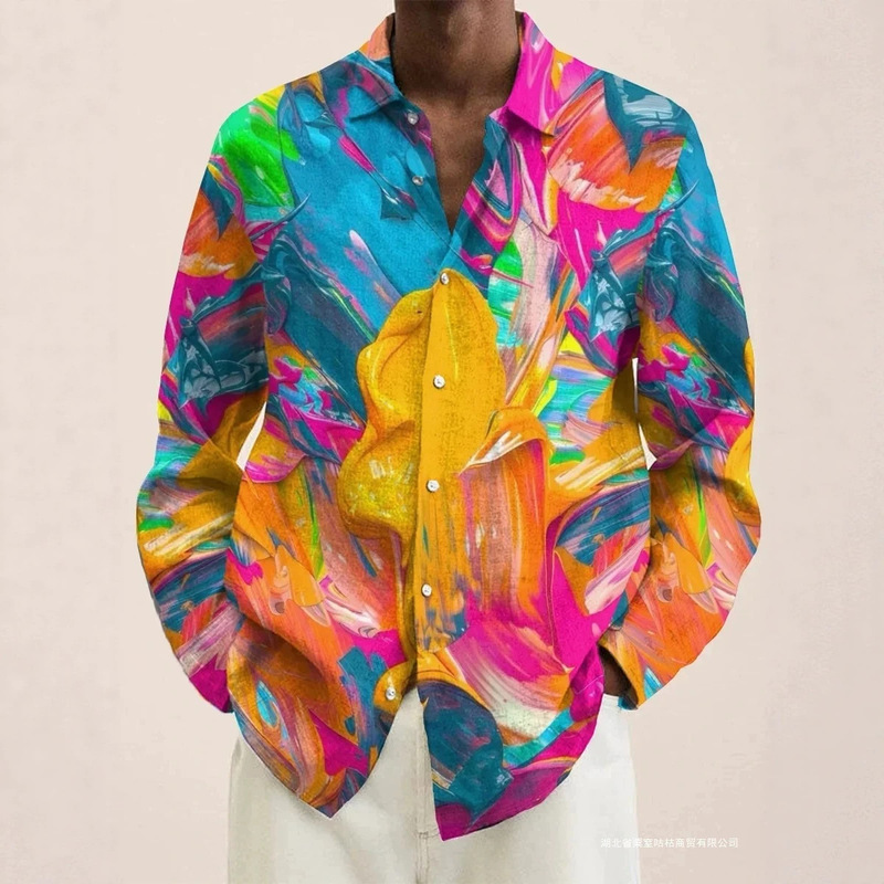Cross-Border Men's Clothing Spring and Summer Graffiti Style Long-Sleeved Linen Shirt Color Block Casual Street Fashion Ready-To-Ship One-Piece Dropshipping Cross-Border Men's Clothing Spring and Summer Graffiti Style Long-Sleeved Linen Shirt Color Block Casual Street Fashion Ready-To-Ship One-Piece Dropshipping