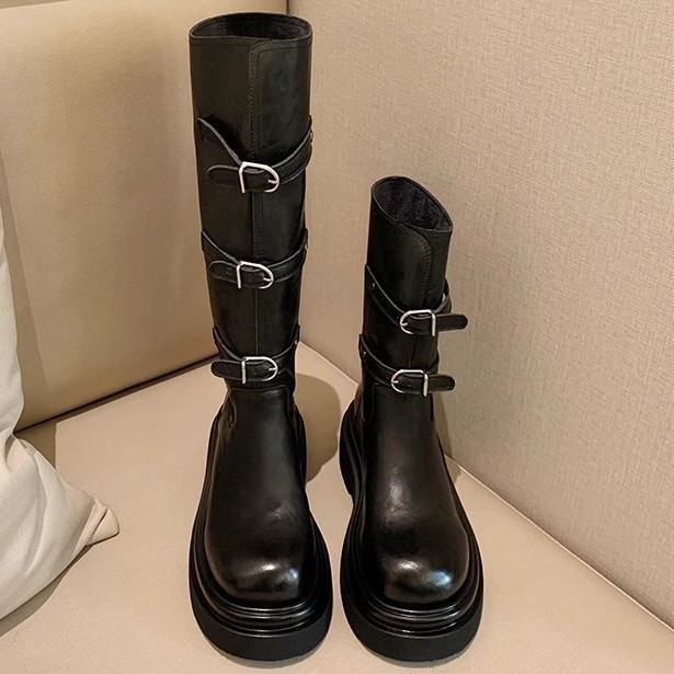 [Dos versiones] nuevo estilo de moda de cinturón de invierno y otoño de la uva, botas cortas de caballo con cabeza redonda y fondo grueso